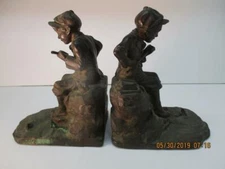 Pair Art Bronz Fishing Boys at Pond Bookends Signed KBW