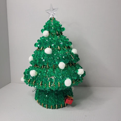 Green Beaded Safety Pin 10.5 in Tabletop Christmas Tree Lights Retro Kitschy VTG