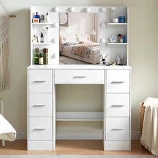 Vanity Set Makeup Desk Dressing Table Dresser with Drawer and Led Light Mirror