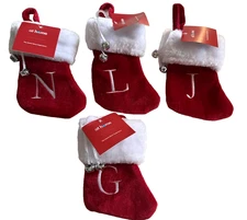 Christmas Mini Stocking Monogram Initial Letter Red Plush White Jingle Bell