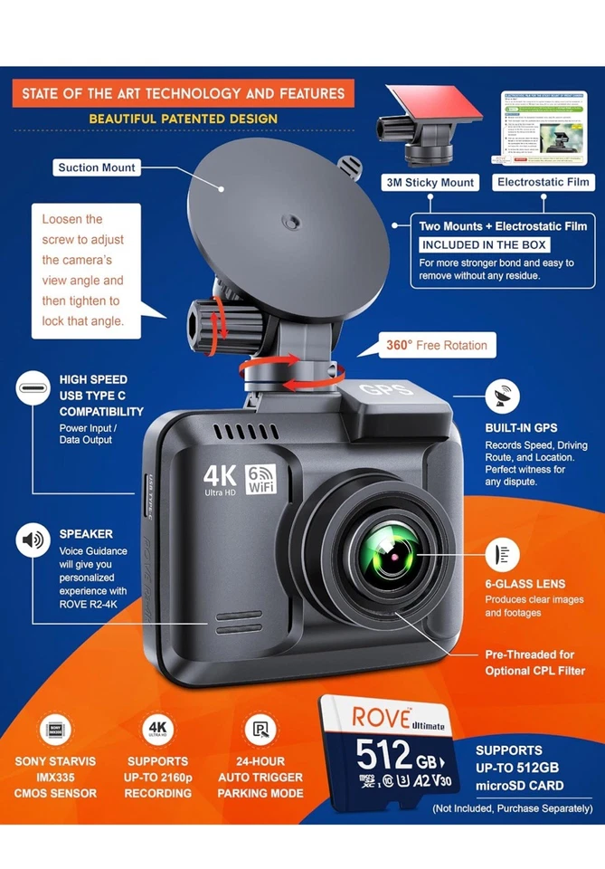 Rove R2-4K Black Night Vision Built-in WiFi 6 GPS Car Dashboard Camera - Image 3 of 4