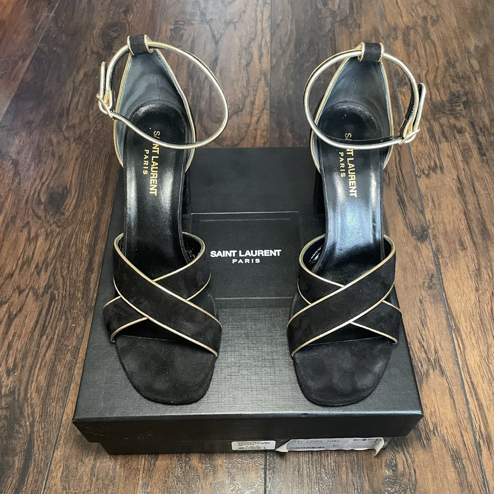 Saint Laurent YSL Neonato Cinturino alla Caviglia Tacchi 40 Nero Oro