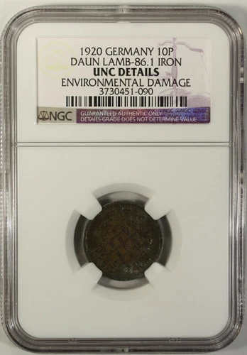 Germany 10 Pfennig 1920 NGC UNC Details  Iron Daun Lamb-86.1