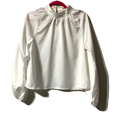 Open Edit Top Balloon Long Sleeve Mock Neck Blouse White Size L Large Shiny
