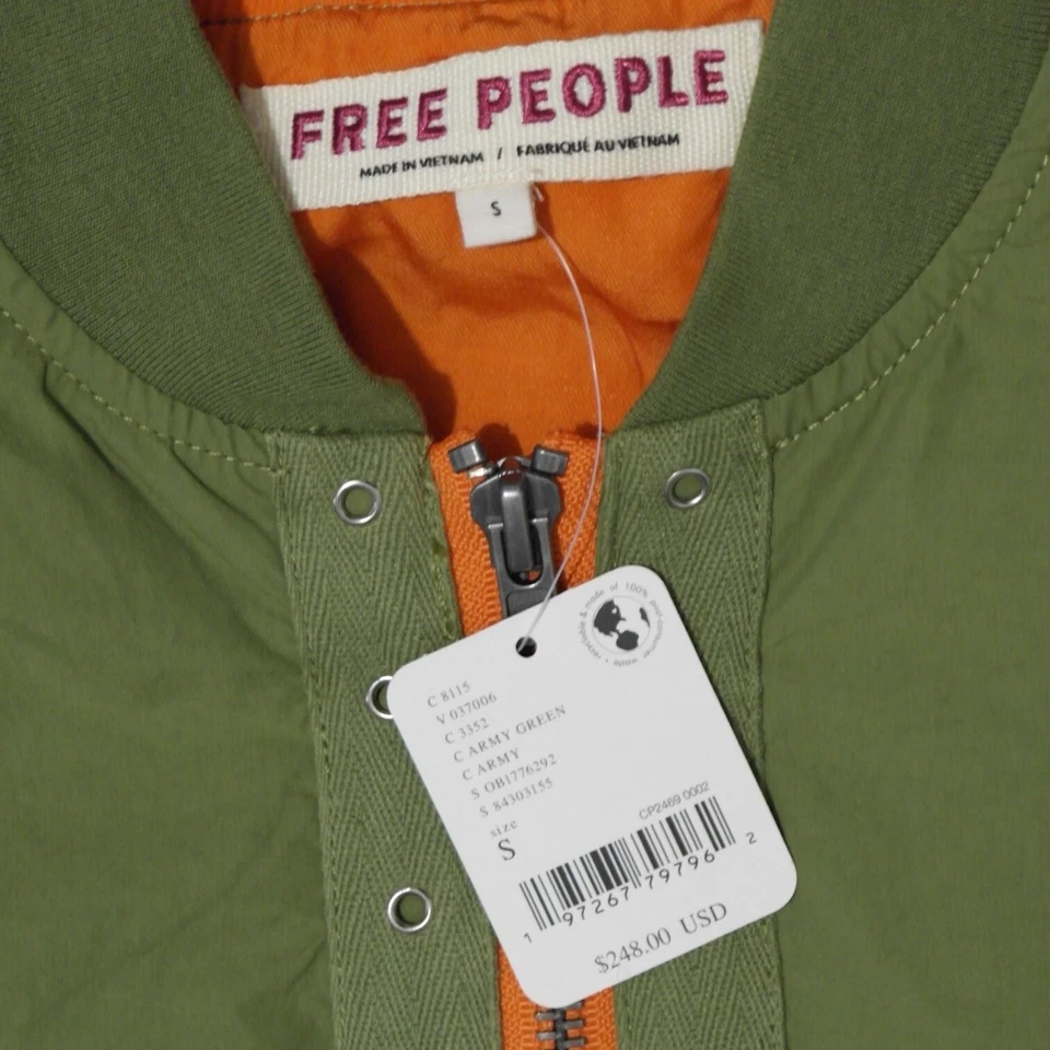 Free People Oversized Khaki Ruched Utility Jacket – Lagenlook Zip Bomber, S - Image 4 of 4