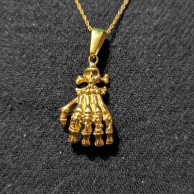 Gold Tone Skeleton Hand Dainty Delicate Pendant Statement Necklace