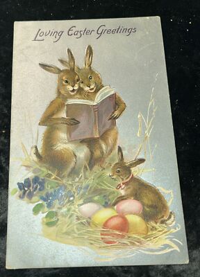 Two Rabbits Reading toBunny- Easter Greetings 1908Tuck  EmbossedSilver Postcard