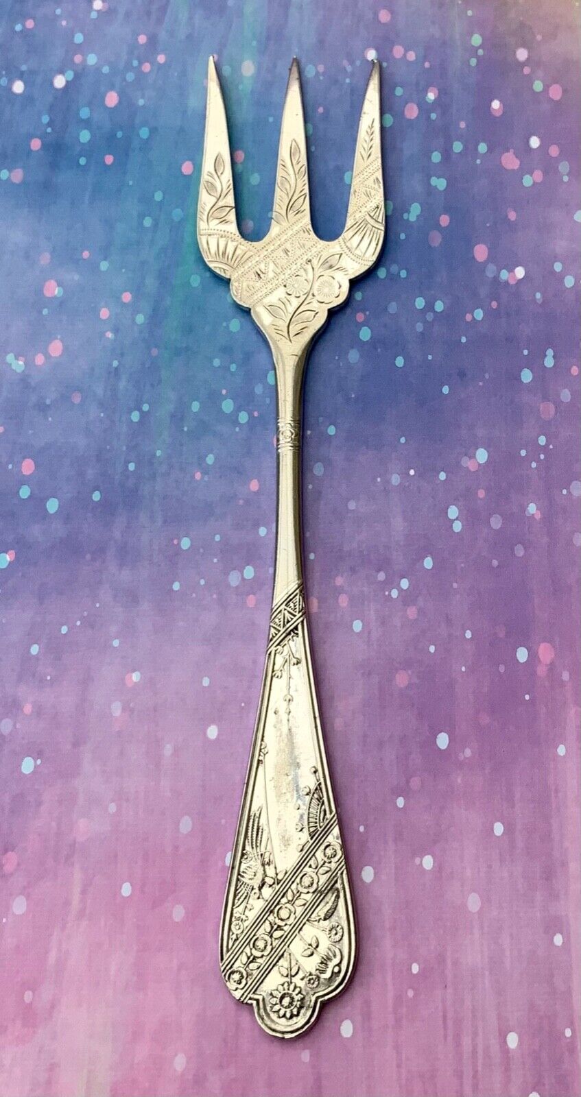 VICTORIAN BREAD FORK W PAGE EAST LAKE PATTERN BIRDS FLORAL ANTIQUE CUTLERY BHAM