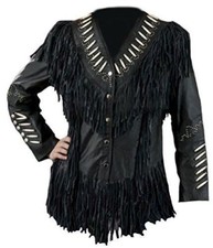 Womens Black Western Leather Wear Cowboy Fringe Native American Coat Jacket