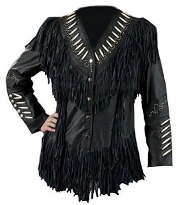 Damen schwarz Western Lederbekleidung Cowboy Fransen Indianer Mantel Jacke