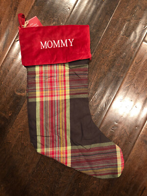 NWT Pottery Barn Red Green Blake Plaid Velvet Cuff Christmas Stocking Mono Mommy