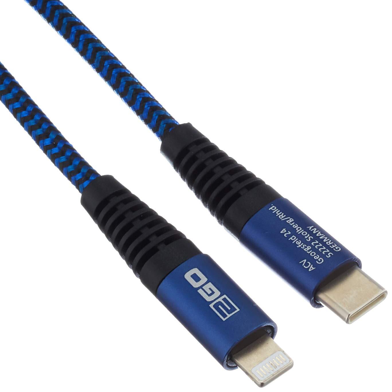 2GO USB C auf Lightning Kabel, 100cm lang, blau, Nylon-umflochtenes Ladekabel fü