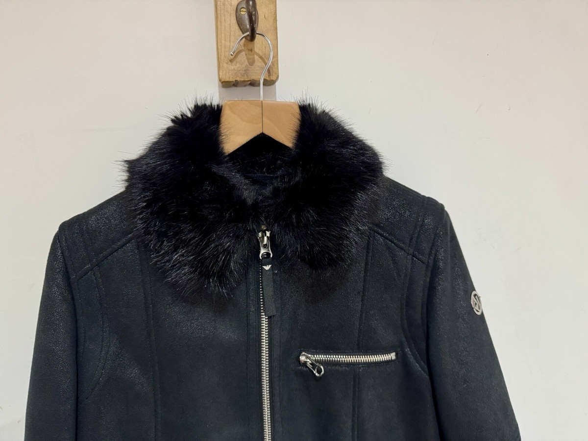 ARMANI Jeans Women's Black Faux Leather Fur Shearling Biker Zip