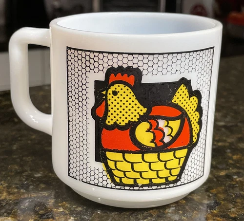 Vintage Rooster Hen Milk Glass Cup/Mug, Red and Yellow