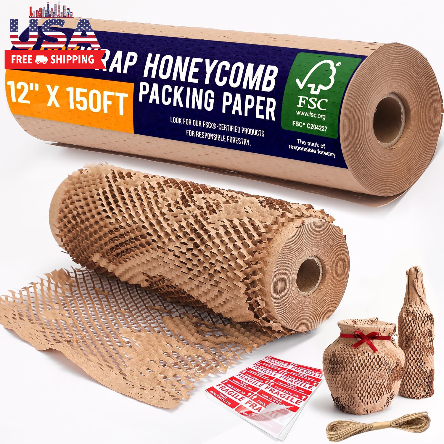 Honeycomb Packing Paper 12" X 150Ft with Rope & 20 Fragile Stickers|Shipping & M
