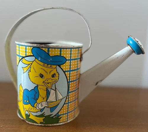 Vtg Ohio Art Metal Tin Toy Watering Can Duck in Garden & Duck w/Sailboat READ