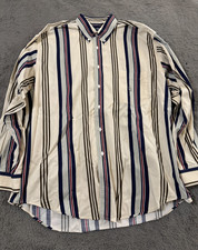 Nautica Shirt Mens XL Cream Blue Red Striped Logo Long Sleeve USA Made Vintage