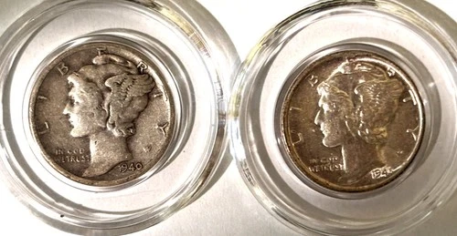 Silver Mercury Dimes - 1940d (excellent detail) and 1945s (proof like)