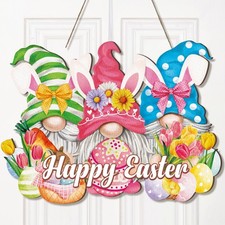 Easter Wreaths for Front Door Wooden Easter Hanging Door Sign Egg Gnomes Decorat