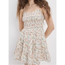 American Eagle Smocked Bodice Floral Textured Cotton Mini Tiered Dress S Pockets