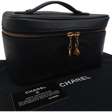 CHANEL Caviar Skin Vanity Bag Black Coco Mark Cosmetic Case Card Dust Bag