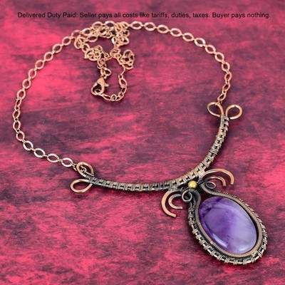 Copper Oval Star Amethyst Stone Handmade Wire Wrapped Chain Necklace Jewelry