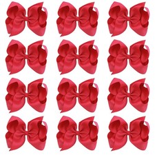12 PCS 6 Red Big Hair Bows, Large Grosgrain Ribbon, Alligator Clips, Girls