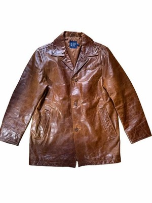 OLD GAP Leather Car Coat Genuine Cowhide Leather Brown Vintage Style Men's