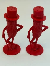 Vintage 1960s Mr. Peanut Red Plastic Salt and Pepper Shakers - 3" Tall