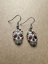 Pair of Skull Earrings Enamel, Unsigned Halloween Day Of the Dead