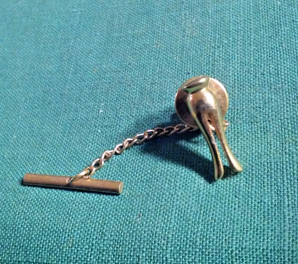 Vintage Clothes Pin Figural Tie-Tack Gold-Tone Metal & Bell Clasp & T-Chain