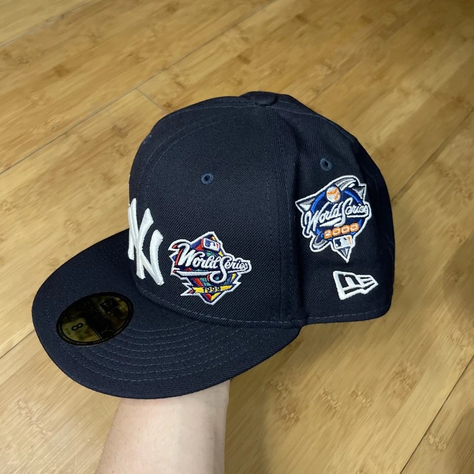 New Era New York Yankees Azul Marino Lana AOP 27x Serie Mundial Parche Ajustado 8 Sombrero LIMPIO Foto 3 de 4