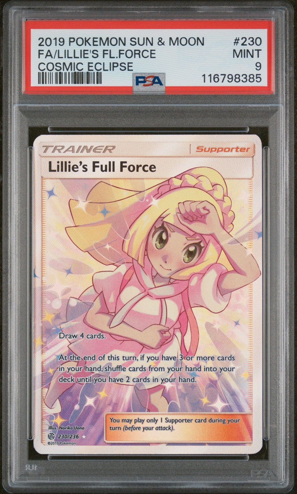 2019 POKEMON SUN & MOON COSMIC ECLIPSE #230 FULL ART/LILLIE'S FULL FORCE PSA 9