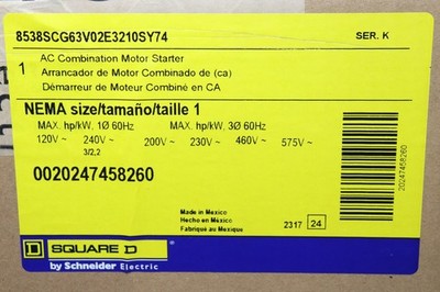 SQUARE D 8538SCG63V02 30A NEMA/SIZE 1 FUSIBLE AC COMBINATION MOTOR STARTER
