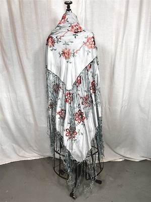antique shawl throw silk blue embroidered 50x50 in. fringe 16 in original 1890