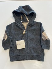 NWT Burberry Baby 9M Gray Cotton Wool Zip Hoodie Check Elbow Patch 71cm