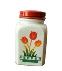 Vintage Shaker Tulip Pepper Milk Glass Red Lid Cottage Kitchen Uranium Glow