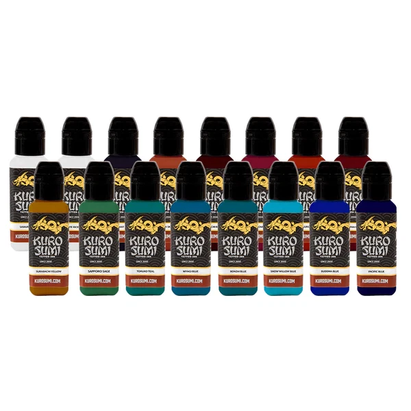 Kuro Sumi 16 Color Kit 3 - Tattoo Ink Set - 16 Vivid Colors - 3/4oz Bottles