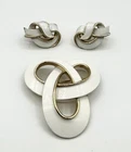 Vintage Trifari Jewelry Gold & White Enamel Brooch & Clip Earrings