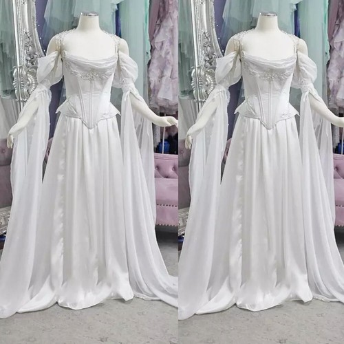 Vintage Medieval Wedding Dresses Satin Off Shoulder Flared Sleeves Bridal Gown