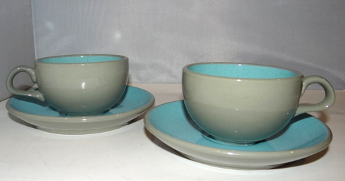 Juego de 2 tazas y platillos vintage Harkerware Stone China moteado azul niebla MCM
