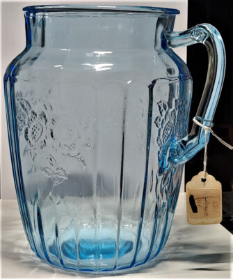  ''Mayfair'' aka ''Open Rose'' Blue 8.5'' 80oz Pitcher from Hocking Glass 1931-1937