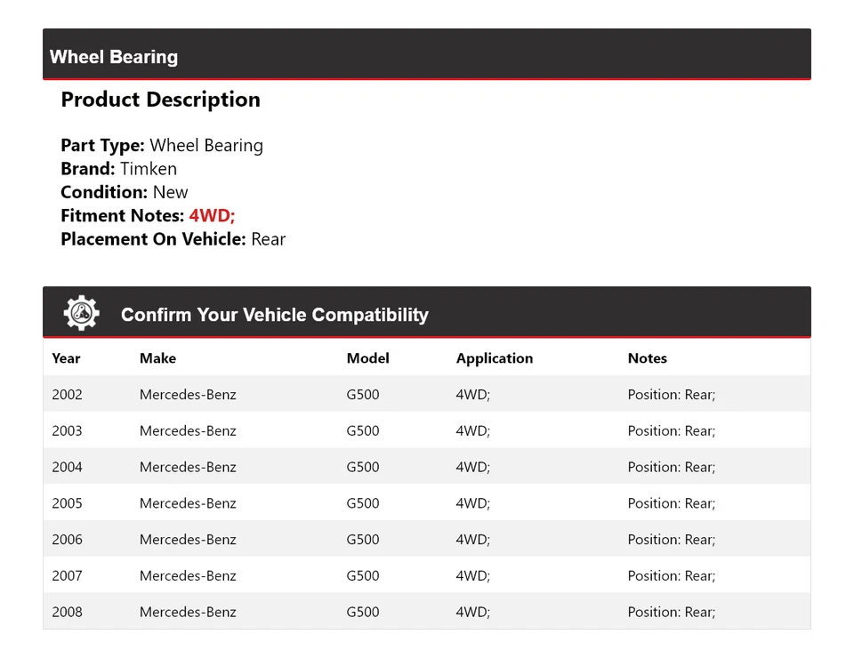 Cojinete de rueda trasero Timken 2003 2004 2005 para Mercedes-Benz G500 2002-2008 4x4 Foto 2 de 4