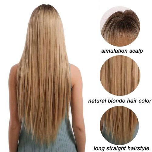 Ombre Blonde Wig with bangs for Women, Long Straight Natural Synthetic Hair D... - Picture 3 of 6