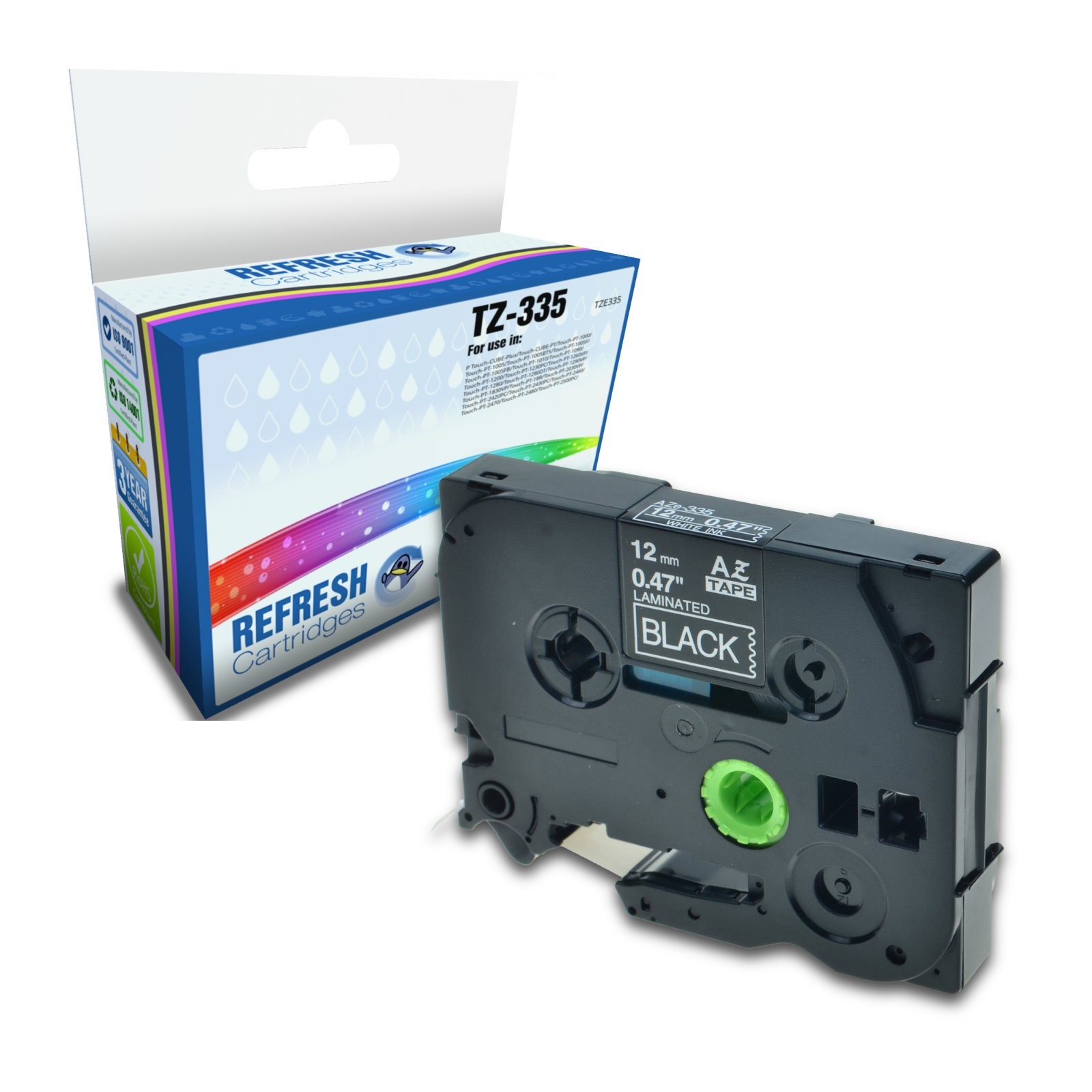Refresh Cartridges TZ-335 White On Black 12mm Label Tape For Brother P-Touch