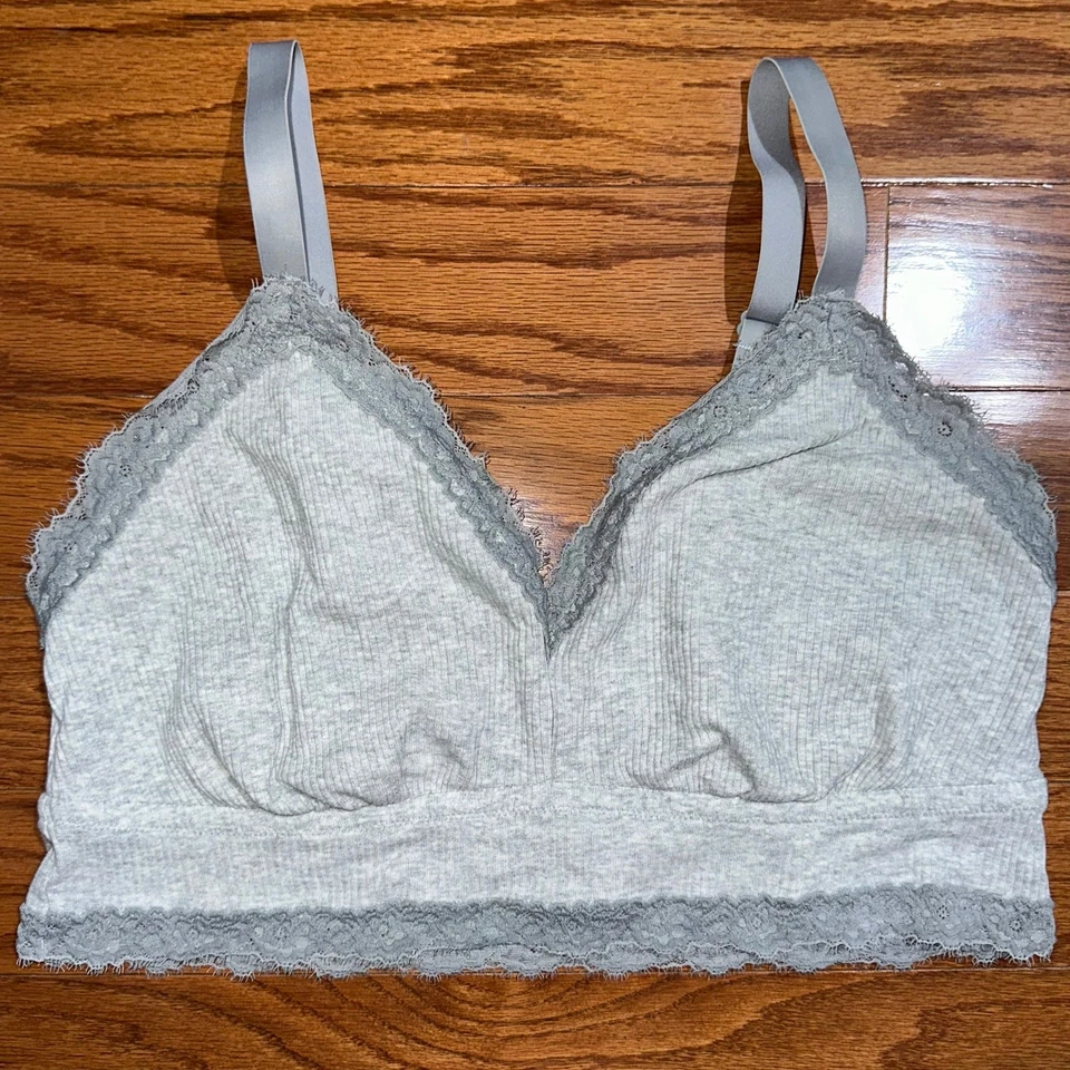Aerie Grey Ribbed Eyelash Lace Trim Longline Bralette Size XL - Image 2 of 4