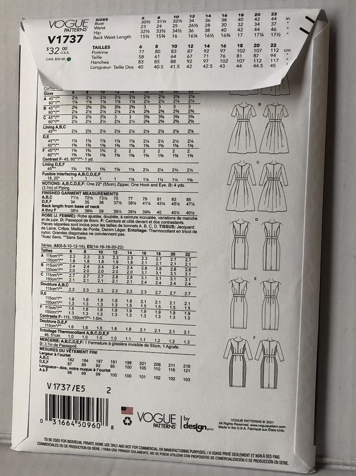 Vogue Patten V1737 Dress Pattern /sleeves Variations Misses Sz 14-22 ...