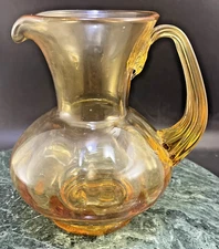 Vtg Honey Amber Hand Blown Glass Pitcher Melon Shaped w/ Applied Ribbed Handle