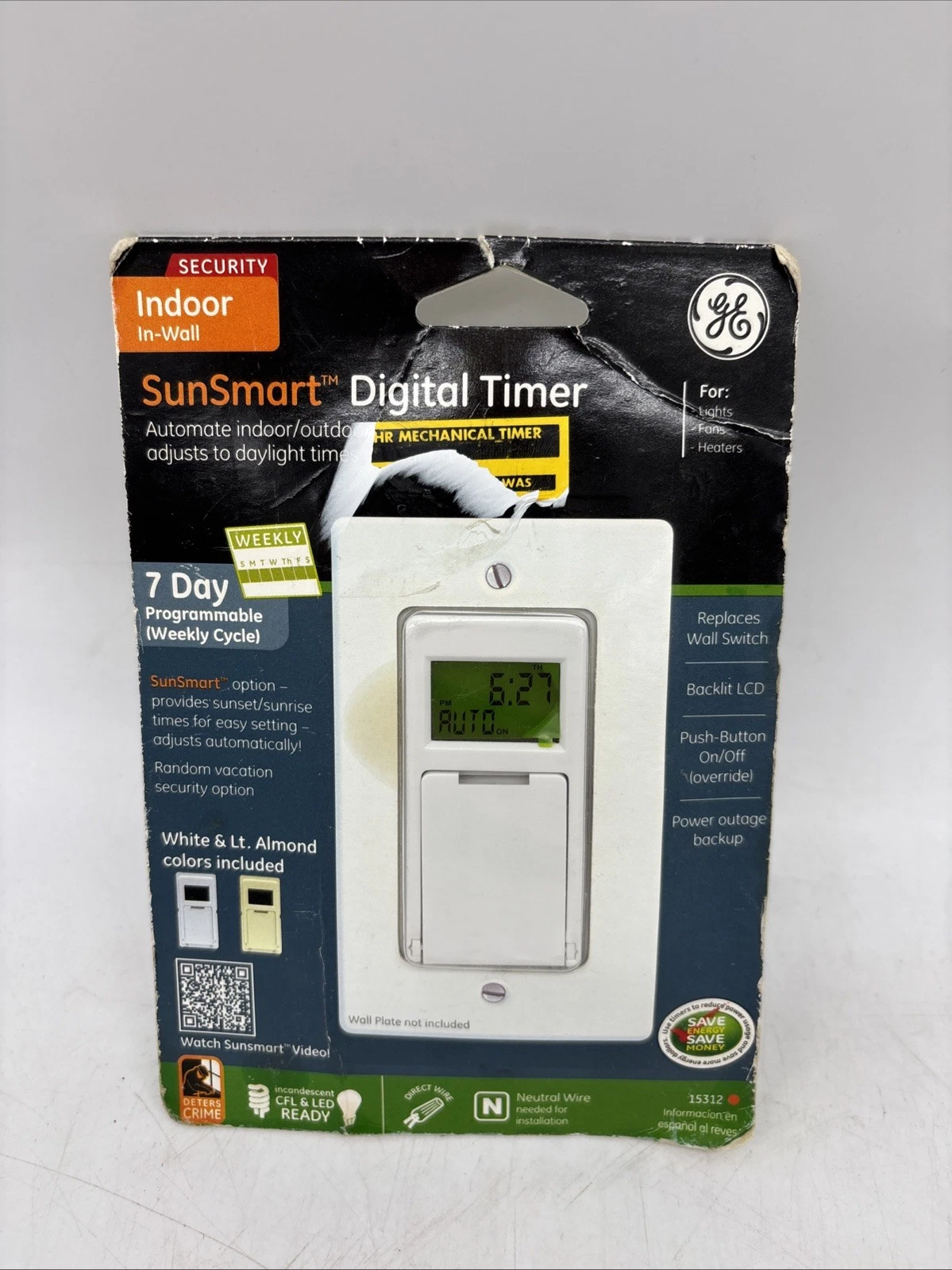 GE SunSmart 3 Way Indoor 7 Day Programmable Digital Timer Light Switch - 15312