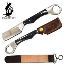 BC 866-BKBN 8" Black Bone Handle Razor Knife with Leather Sheath & Sharpening St